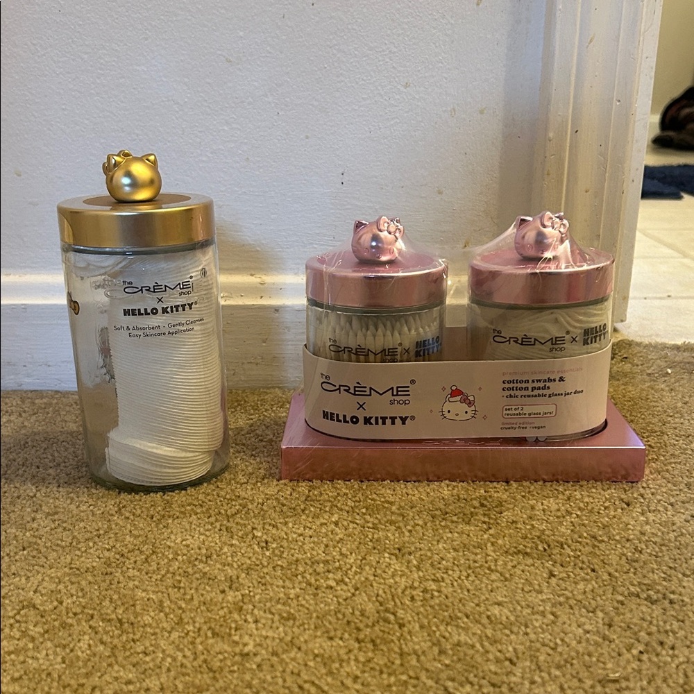 Hello Kitty Pink & Gold Cotton Pads and Swabs Dispenser Set